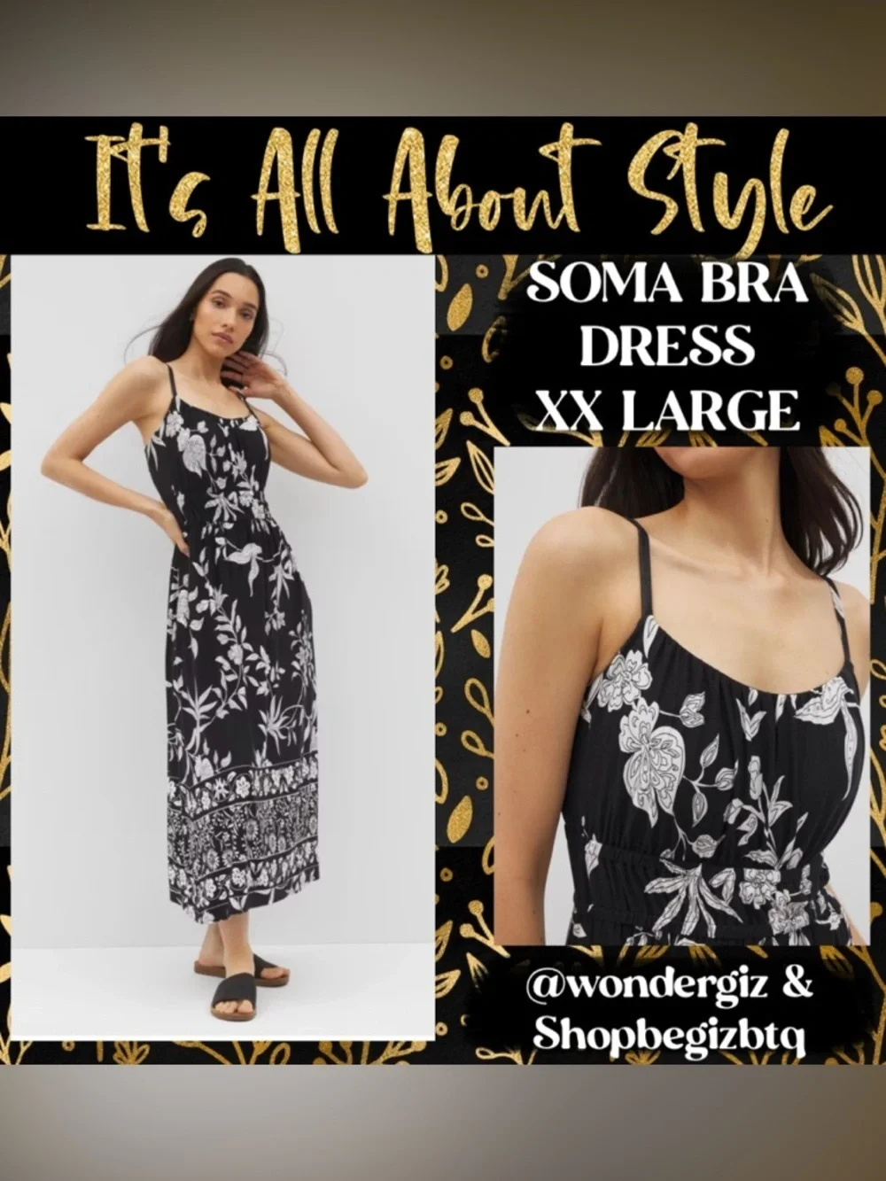 NWT Soma Soft Jersey Paradiso Midi Bra Dress In Peaceful Floral Black XX-LARGE